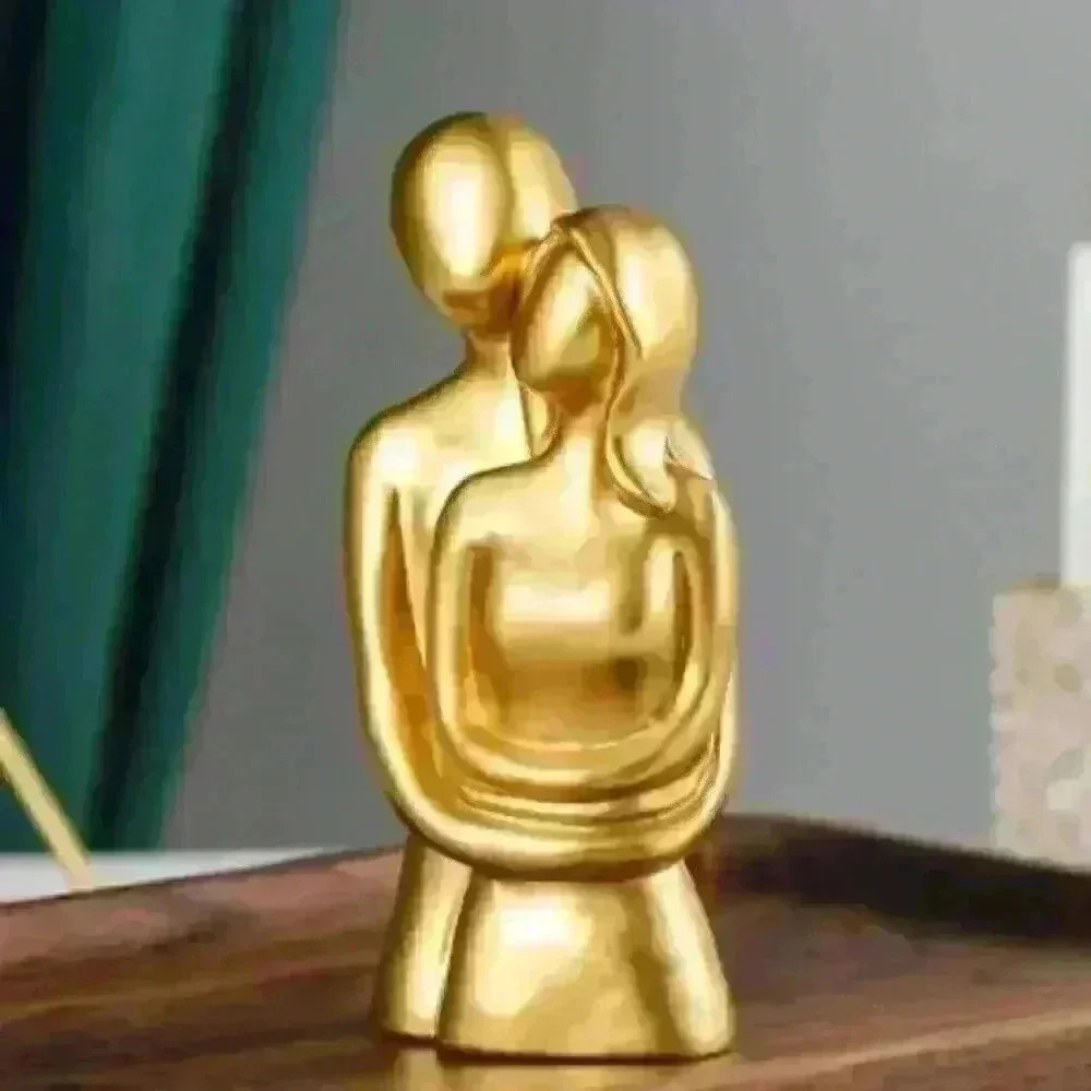 New Gold Sculpture, Embracing Couple, Modern Art, Minimalist, Romantic.